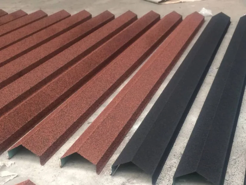 Red and black stone-coated ridge caps